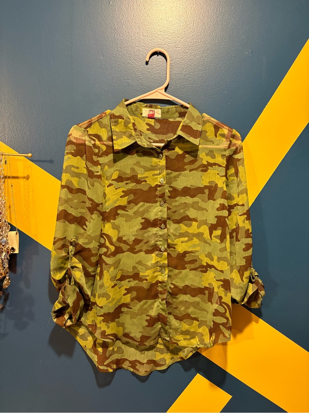 Lei Green Camo Sheer Long Sleeve Button Down Shirt EUC